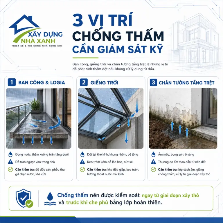 Ban công, giếng trời và chân tường tầng trệt là những vị trí dễ phát sinh thấm dột nếu không xử lý đúng từ đầu.