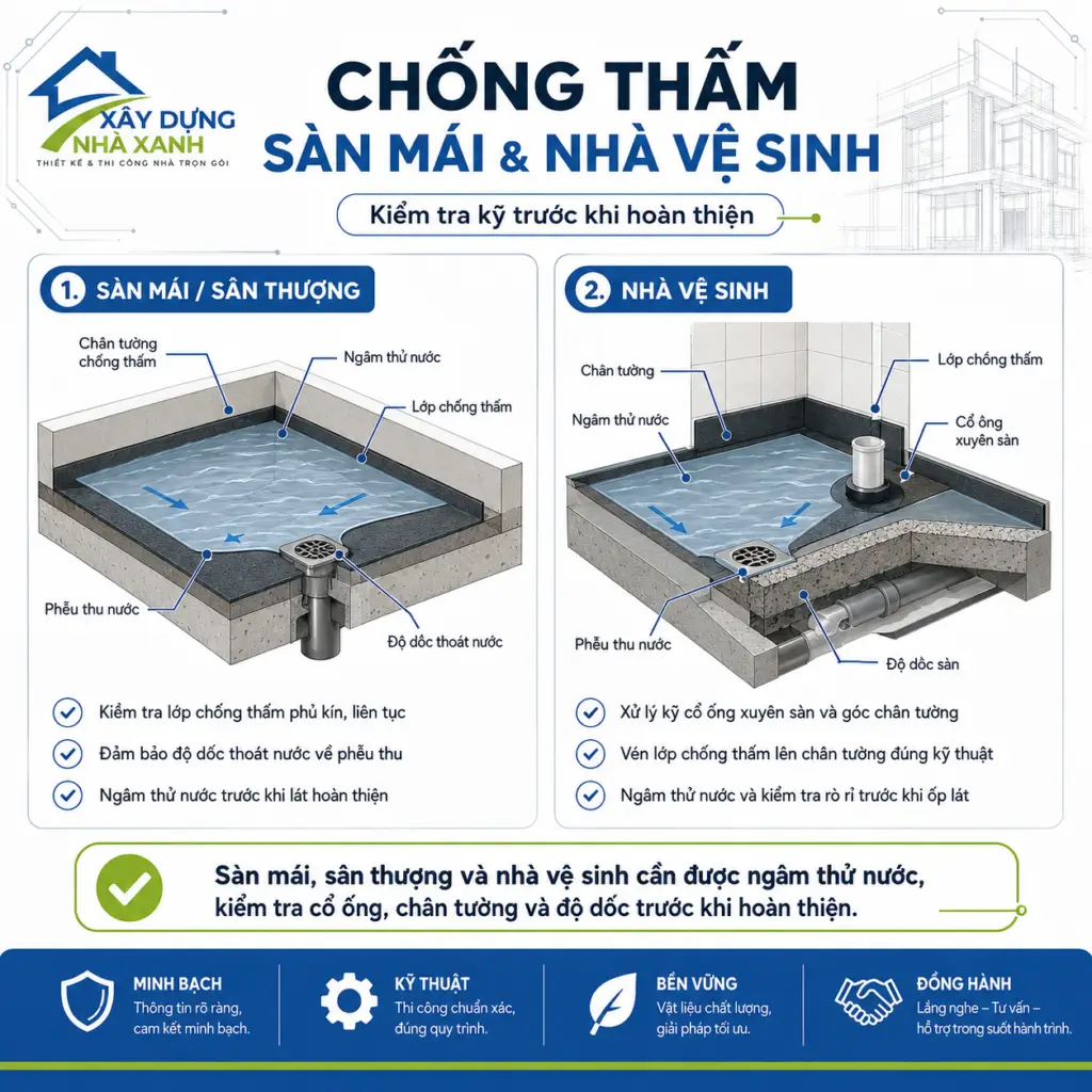 Sàn mái, sân thượng và nhà vệ sinh cần được ngâm thử nước, kiểm tra cổ ống, chân tường và độ dốc trước khi hoàn thiện.